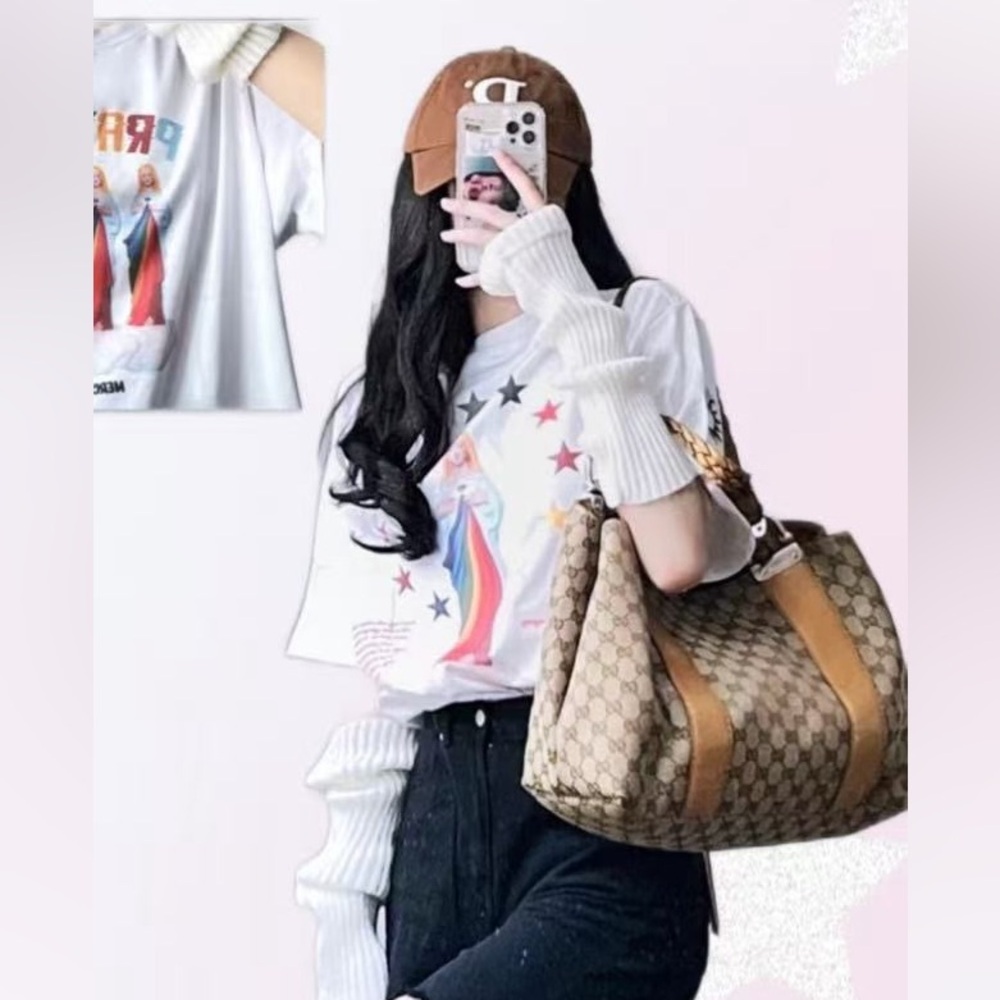 Gucci Bamboo Bar GG Monogram Canvas Shopper Tote Yellow Leather Braided Handles